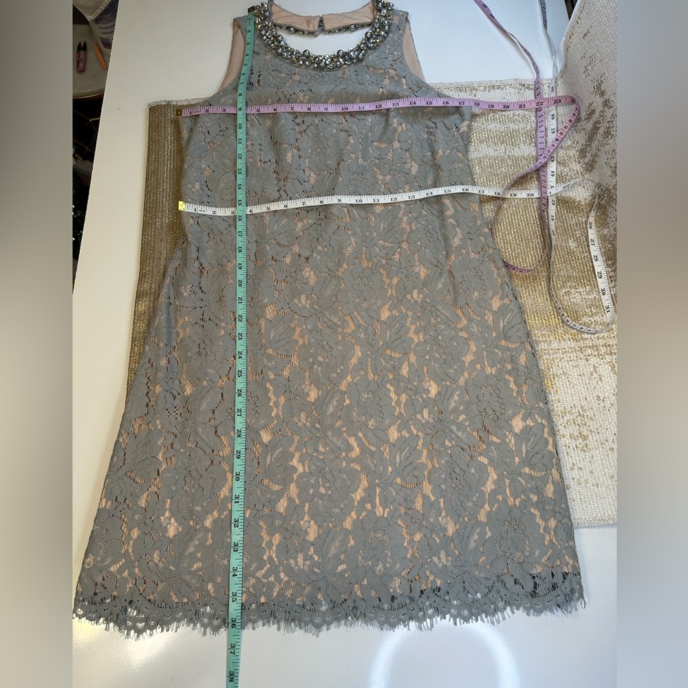 ELIZA J Grey Lace Dress With Jeweled Neckline | Size 6 | Wedding/Cocktail - Picture 15 of 15